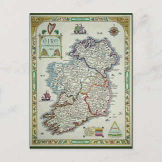 Cartão Postal Mapa da Irlanda - Mapa Histórico Irlandês Eire Eri