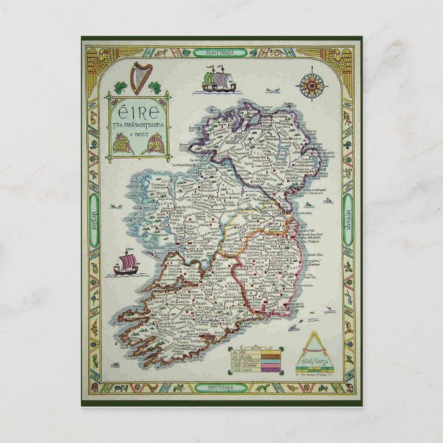 Cartão Postal Mapa da Irlanda - Mapa Histórico Irlandês Eire Eri (Frente)
