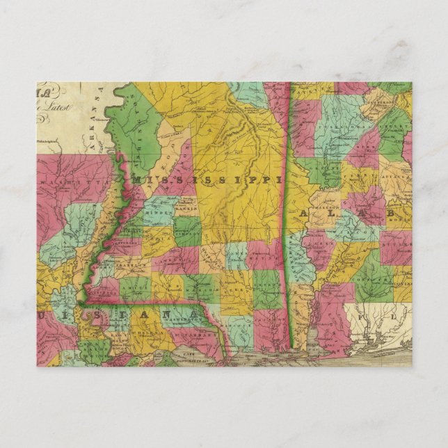 Cartão Postal Mapa da Louisiana, Mississippi e Alabama (Frente)