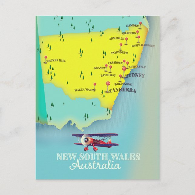 Cartão Postal Mapa da Nova Gales do Sul Austrália (Frente)