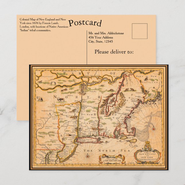 Cartão Postal Mapa da Nova Inglaterra do século XVII Colonizaçõe (Frente/Verso)