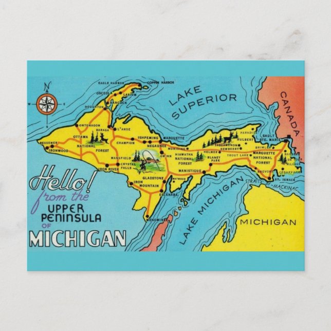 Cartão Postal Mapa da Península de Michigan 16x24 (Frente)
