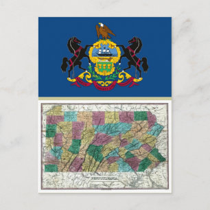 Cartão Postal Mapa da Pensilvânia e bandeira do Estado