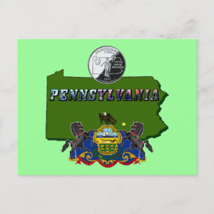 Cartão Postal Mapa da Pensilvânia, Trimestre, Sinalizador e Text