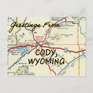 Cartão Postal Mapa da Vintage Cody Wyoming