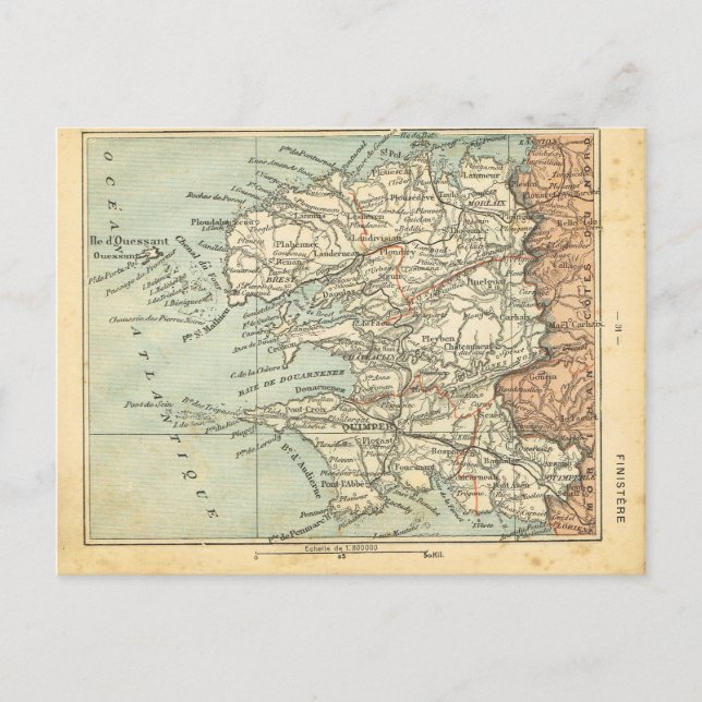 Cartão Postal Mapa da Vintage em França Finistere (Frente)