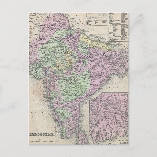 Cartão Postal Mapa da Vintage na Índia (1853) (Frente)