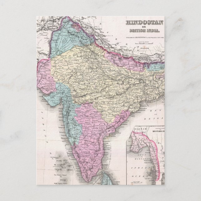 Cartão Postal Mapa da Vintage na Índia (1855) (Frente)