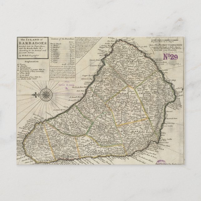 Cartão Postal Mapa da Vintagem de Barbados (1736) (Frente)