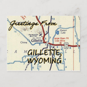 Cartão Postal Mapa da Vintagem de Gillette Wyoming