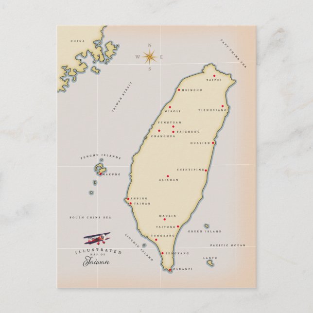 Cartão Postal Mapa da Vintagem de Taiwan (Frente)