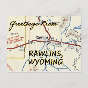 Cartão Postal Mapa da Vintagem do Rawlins WY