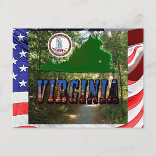 Cartão Postal Mapa da Virgínia, Selo do Estado, Texto de Imagem