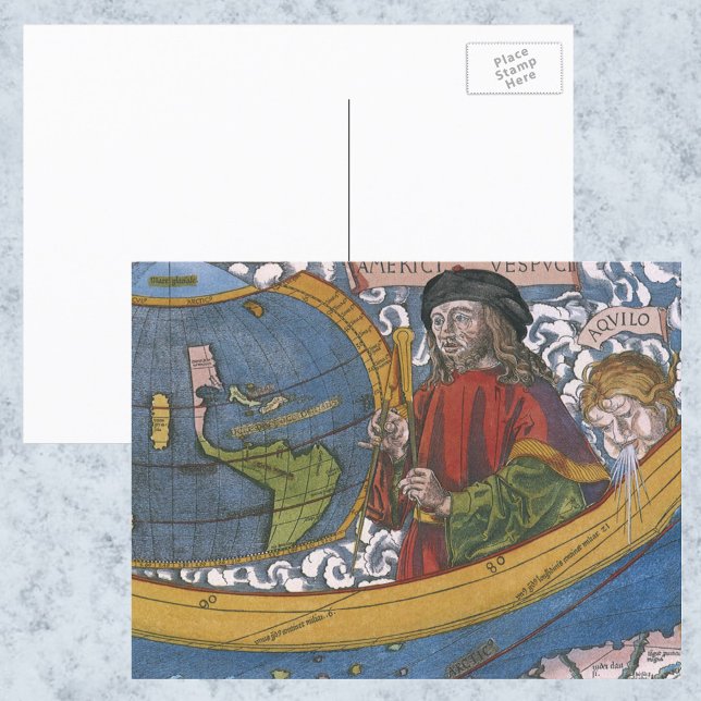 Cartão Postal Mapa das Américas com o explorador Amerigo Vespucc (Criador carregado)