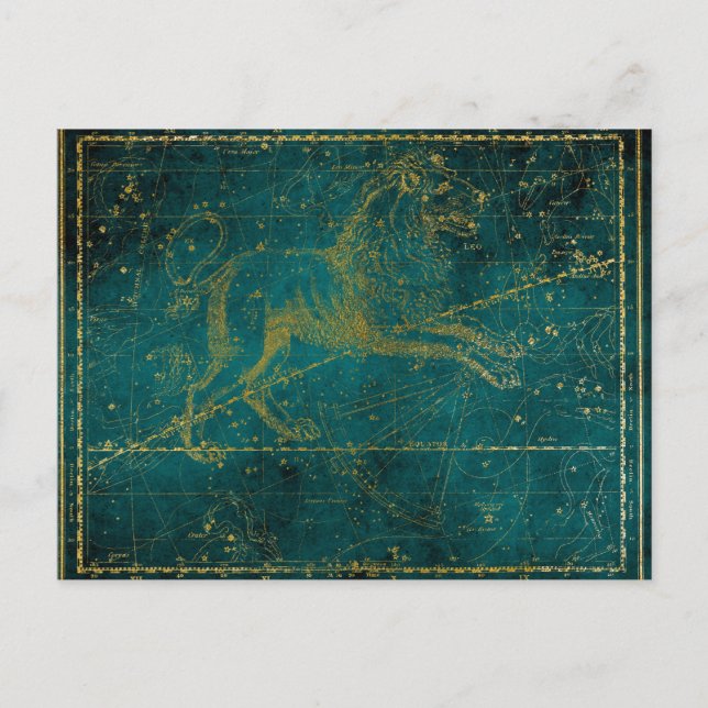 Cartão Postal Mapa das estrelas do leão verde e Dourado ilustrad (Frente)