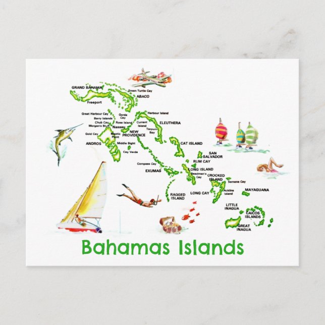 Cartão Postal Mapa das Ilhas Bahamas (Frente)