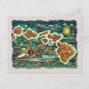 Cartão Postal Mapa das Ilhas Havaianas 1950