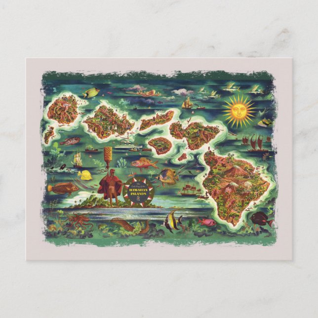 Cartão Postal Mapa das Ilhas Havaianas 1950 (Frente)