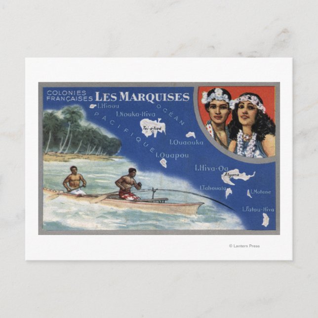 Cartão Postal Mapa das Ilhas, Nativos em uma Canoa (Frente)