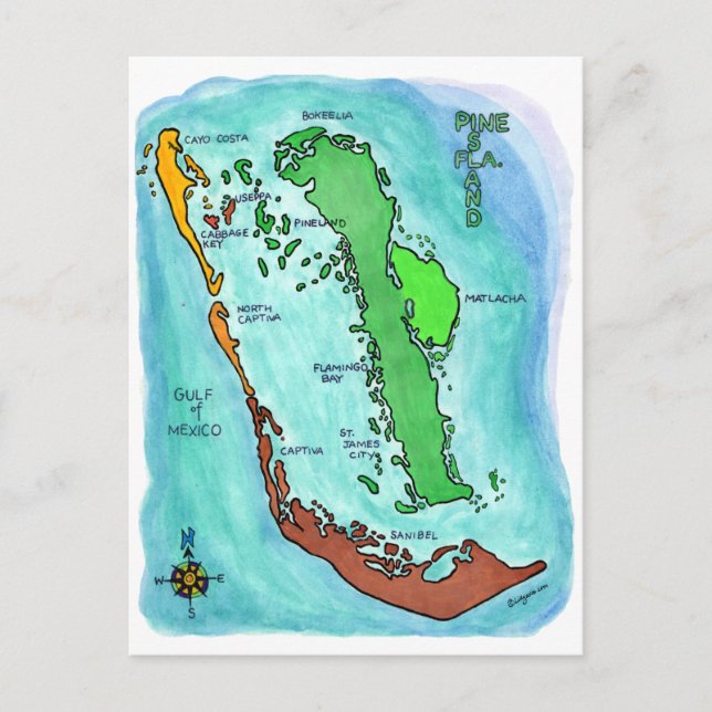 Cartão Postal Mapa das Ilhas Pine Sanibel Captiva na Flórida (Frente)