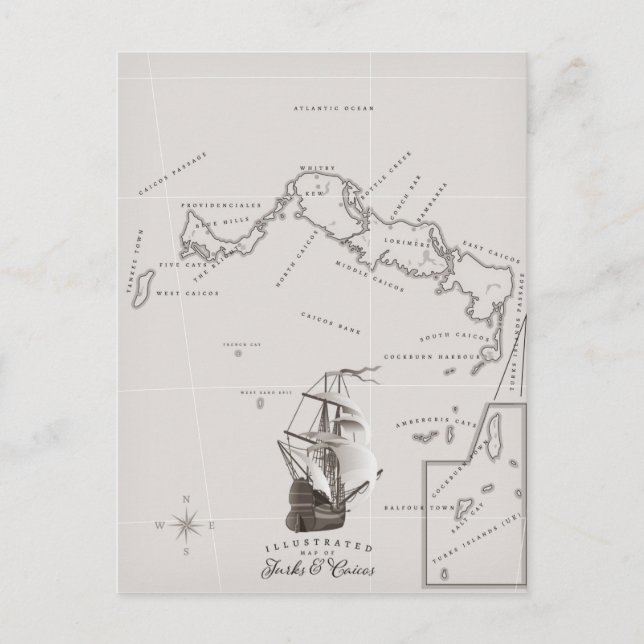 Cartão Postal Mapa das Ilhas Turcas e Caicos (Frente)
