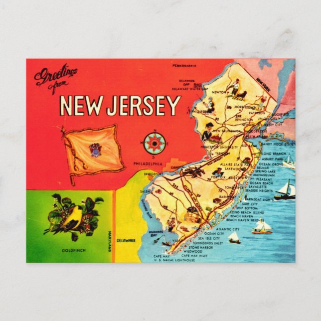 Cartão Postal Mapa das Praias de Nova Jersey (Frente)