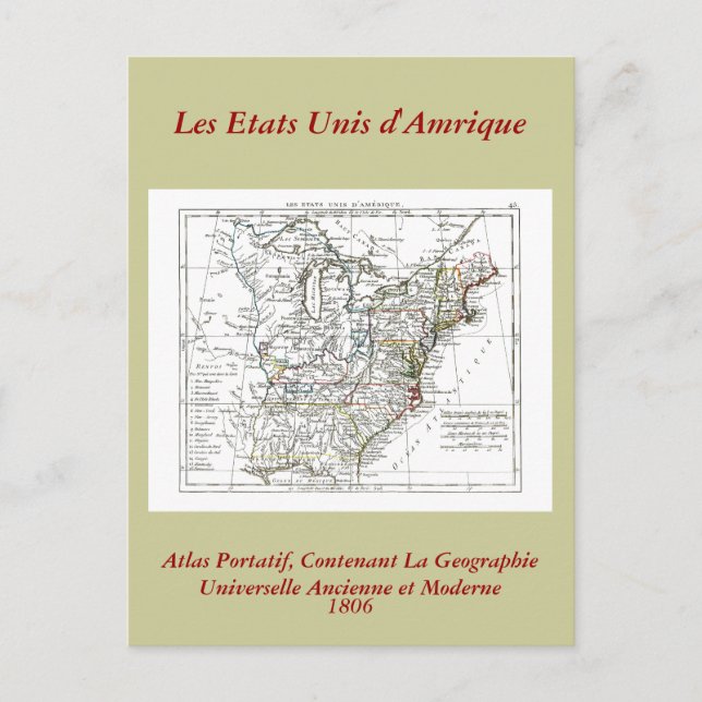 Cartão Postal Mapa de 1806 - Les Etats Unis d'Amrique (Frente)