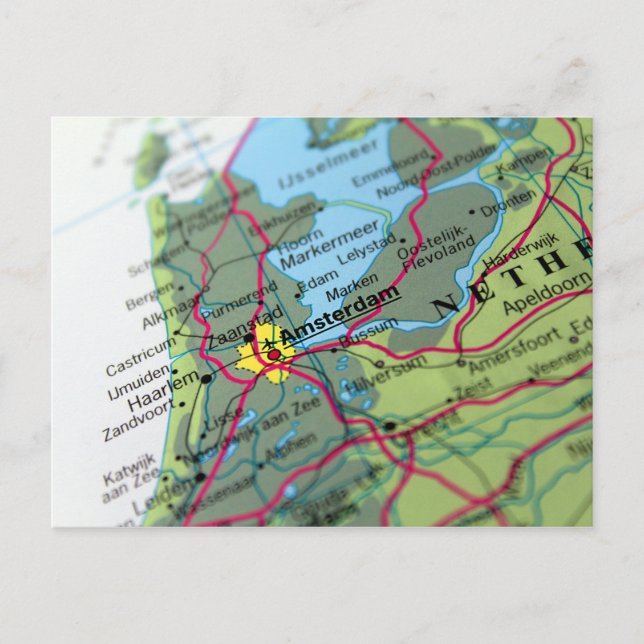 Cartão Postal Mapa de Amsterdã, Holanda (Frente)