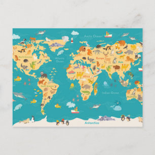 Cartão Postal Mapa de Animais do Mundo para Crianças
