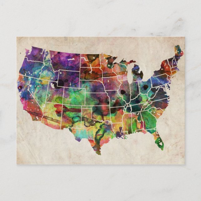 Cartão Postal Mapa de Aquarela dos EUA (Frente)