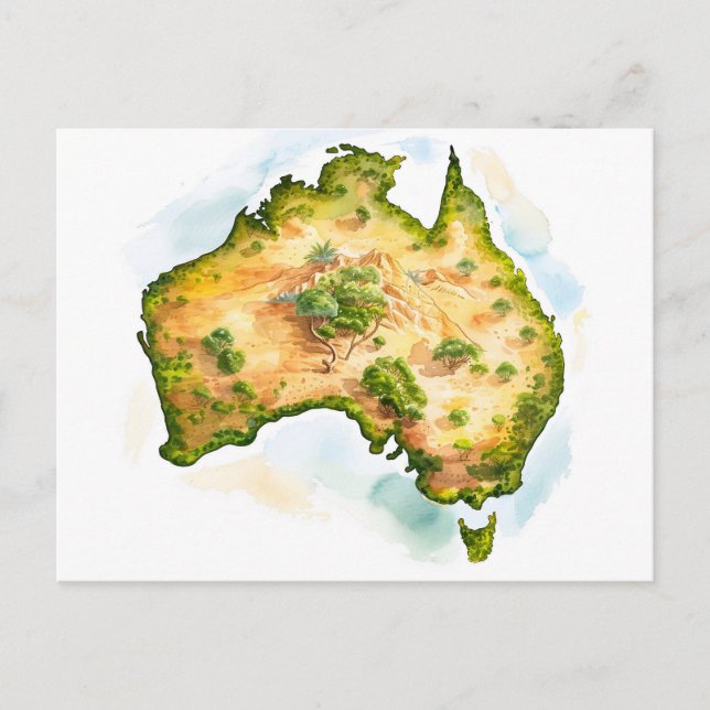Cartão Postal Mapa de Aquarelas da Austrália (Frente)