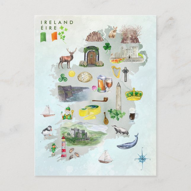 Cartão Postal Mapa de Aquarelas Ilustrado da Arte da Irlanda (Frente)
