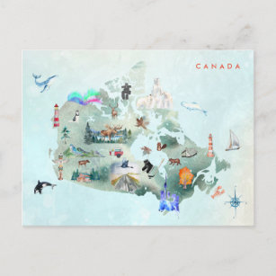Cartão Postal Mapa de Aquarelas Ilustrado de Arte do Canadá