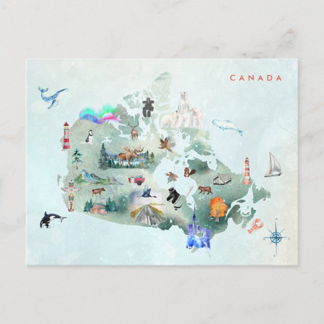 Cartão Postal Mapa de Aquarelas Ilustrado de Arte do Canadá (Frente)