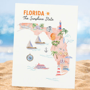 Cartão Postal Mapa de Arte do Estado da Flórida em Aquarela