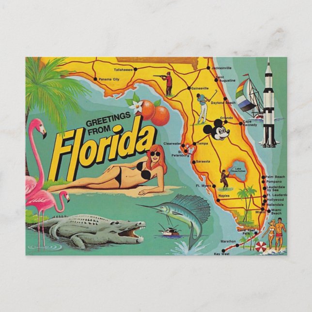 Cartão Postal Mapa de Atrações da Flórida (Frente)