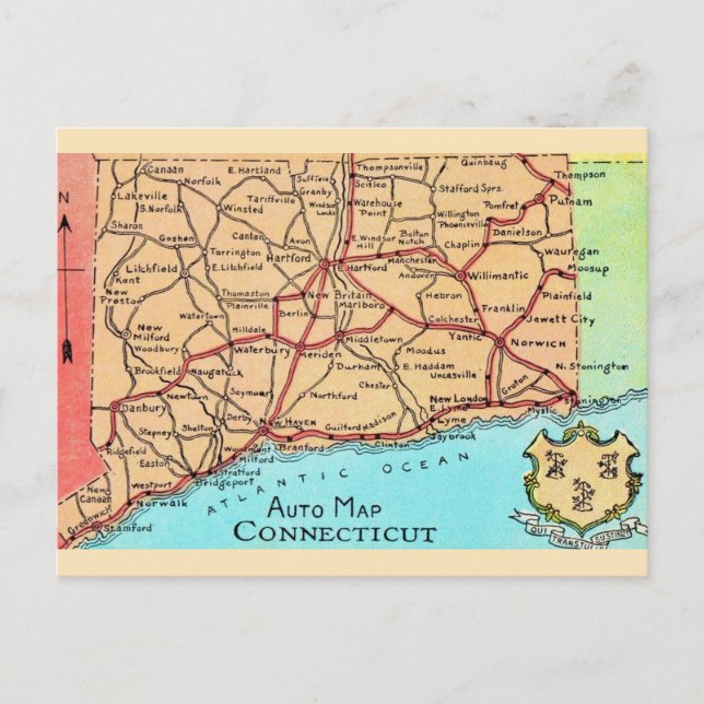 Cartão Postal Mapa de automóvel de Connecticut em postal (Frente)