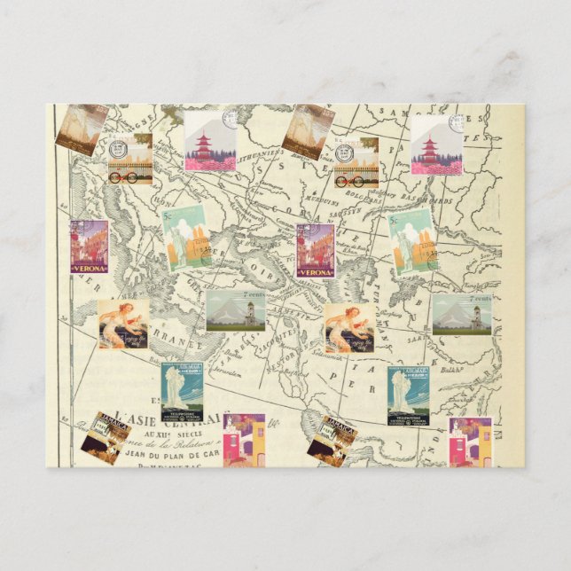 Cartão Postal Mapa de Carimbos de Viagem de Ephemera de Decoupag (Frente)