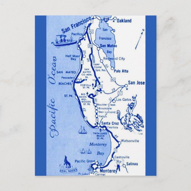 Cartão Postal "Mapa de Carmel a San Francisco (Frente)