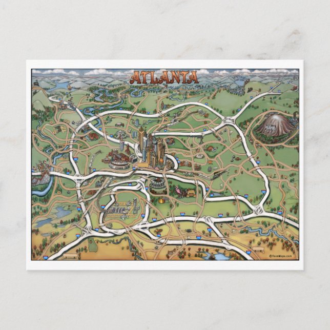 Cartão Postal Mapa de Cartoons da Atlanta Georgia (Frente)