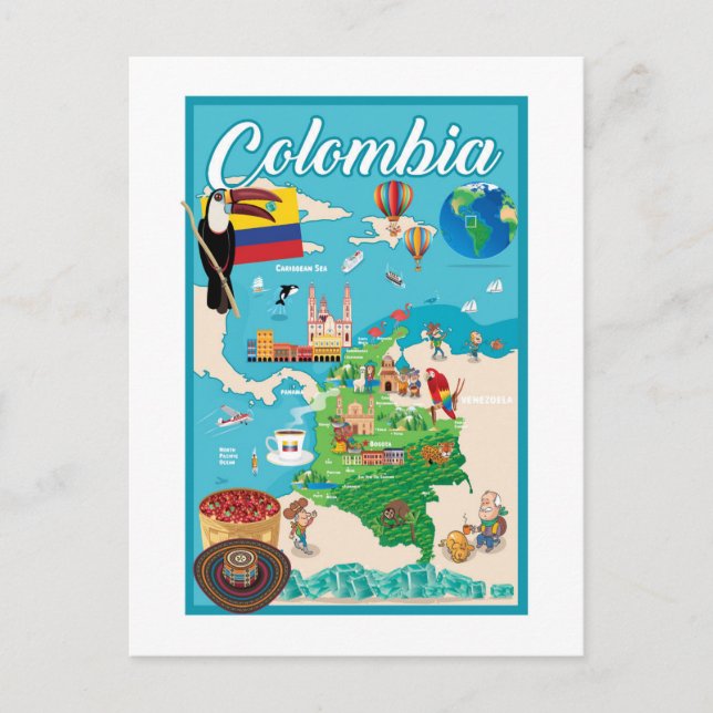 Cartão Postal Mapa de Cartoons da Colômbia (Frente)