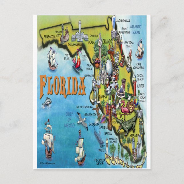 Cartão Postal Mapa de Cartoons da Flórida (Frente)