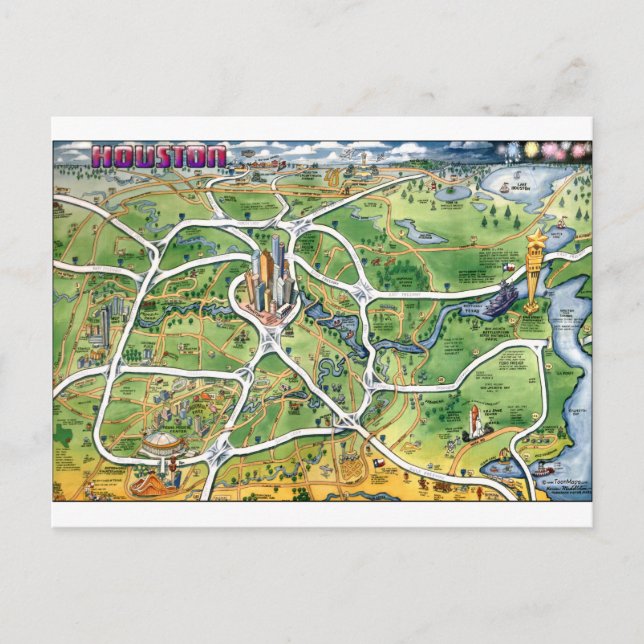 Cartão Postal Mapa de Cartoons de Houston Texas (Frente)