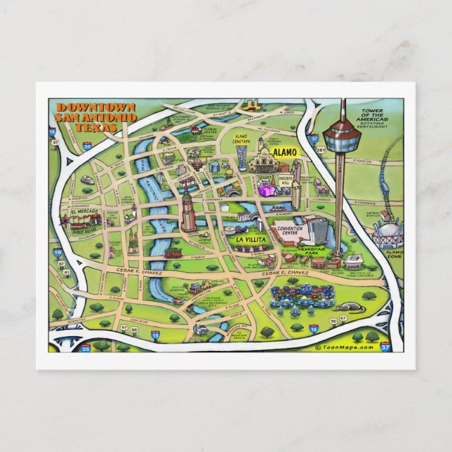 Cartão Postal Mapa de Cartoons de San Antonio centro (Frente)