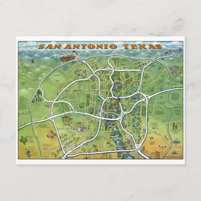 Cartão Postal Mapa de Cartoons de San Antonio Texas (Frente)