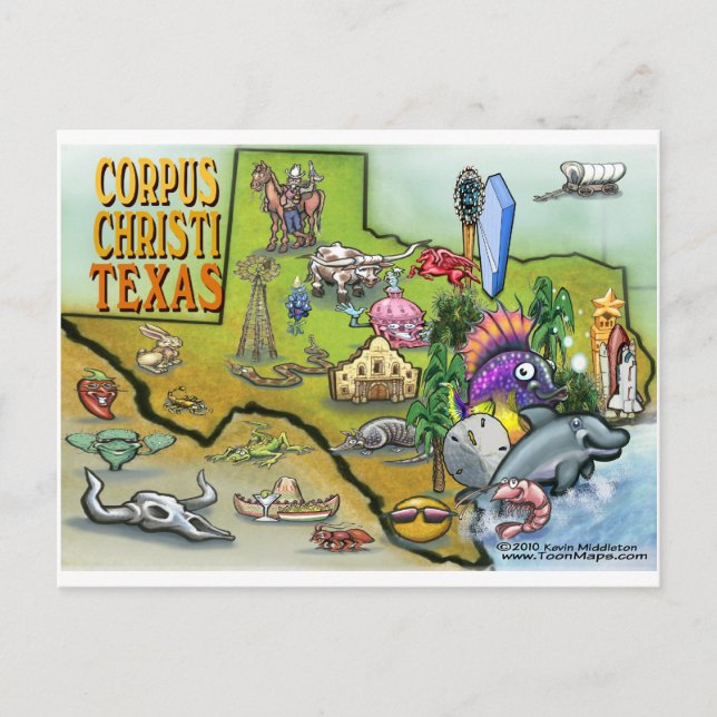 Cartão Postal Mapa de Cartoons do Corpus Christi Tx (Frente)
