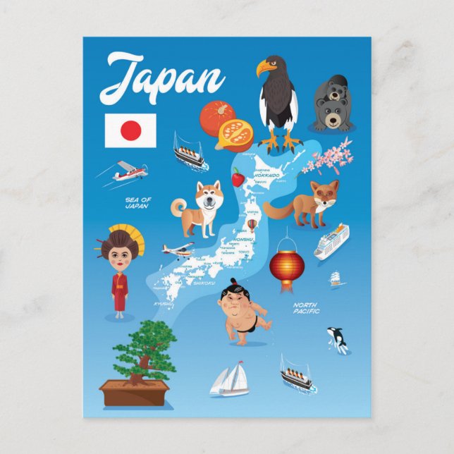 Cartão Postal Mapa de Cartoons para Crianças do Japão (Frente)