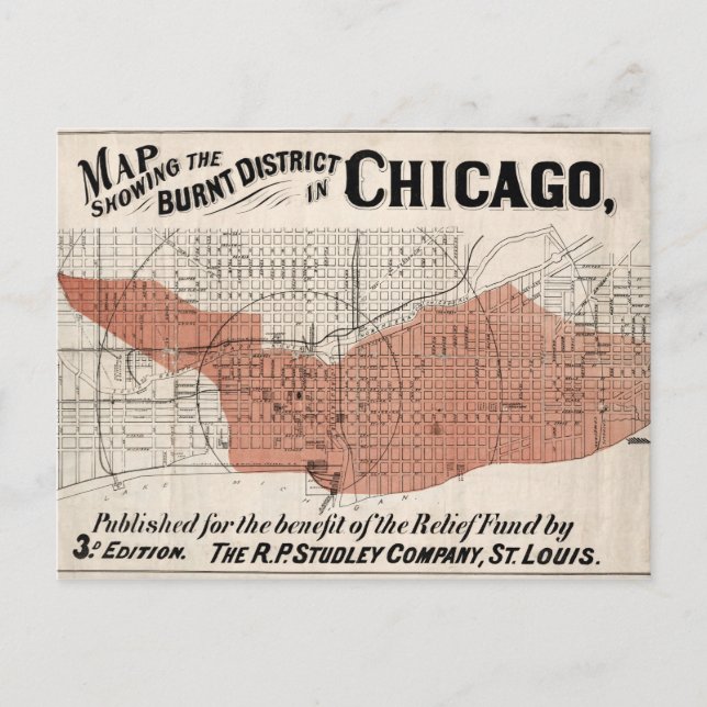 Cartão Postal Mapa de Chicago de 1871 após o incêndio ser restau (Frente)