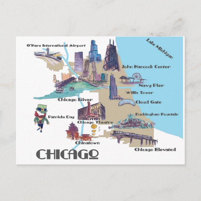 Cartão Postal mapa de Chicago Michigan com atrações  (Frente)