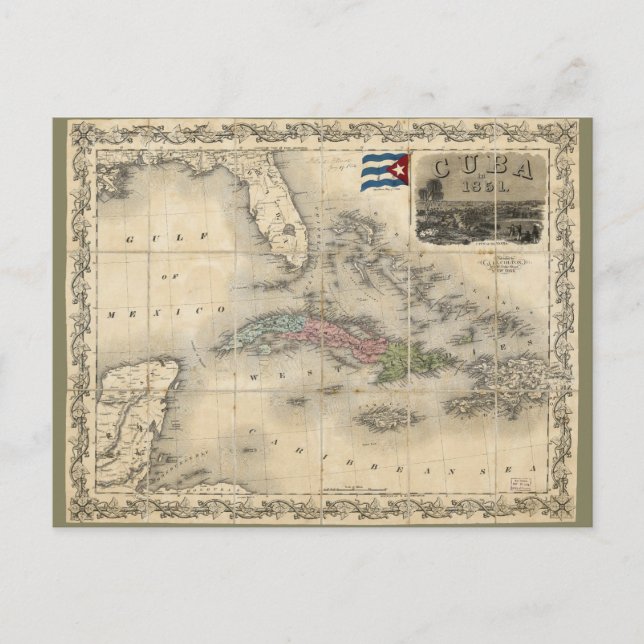 Cartão Postal Mapa de Cuba por J.H. Colton (1851) (Frente)